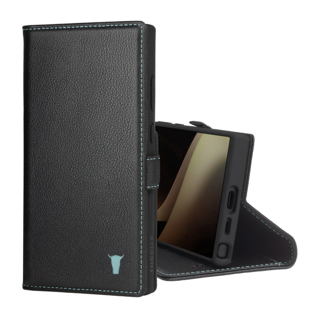 Black with Turquoise Detail Leather Wallet Case for Samsung Galaxy S24 Ultra