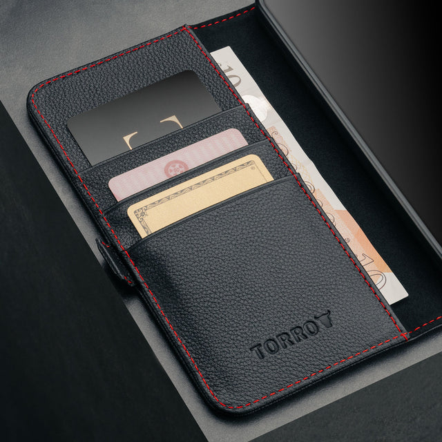 Card slots inside the Black with Red Detail Leather Case for Galaxy S25 FE
