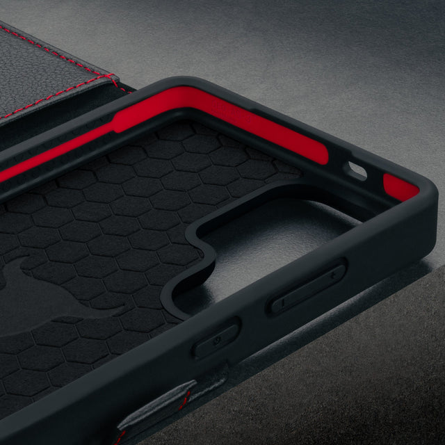 Microfibre lined inner frame of the Black with Red Detail Leather Case for Galaxy S25 Ultra