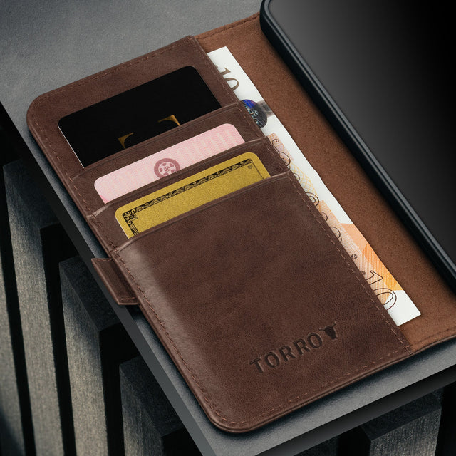 Card slots inside the Dark Brown Leather Stand Case for Galaxy S26