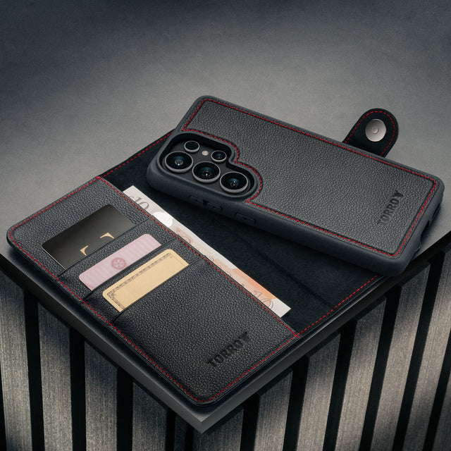 Bumper Case and detachable cover of the Black with Red Detail Leather Detachable Case for Galaxy S26 Ultra