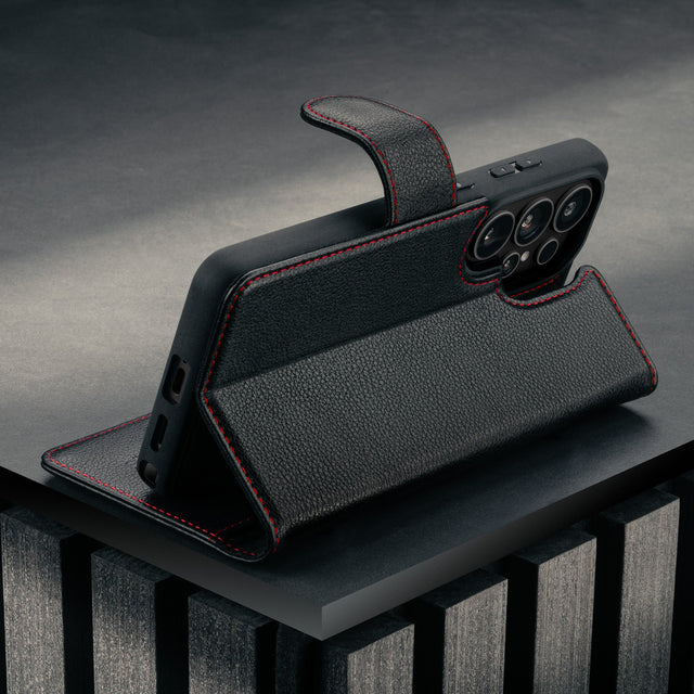 Stand function of the Black with Red Detail Leather Detachable Case for Galaxy S26 Ultra