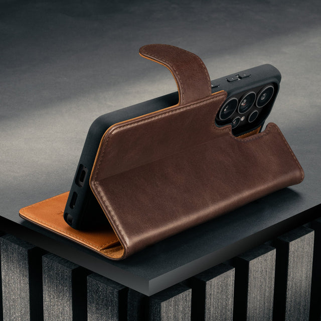 Stand function of the Dark Brown Leather Detachable Case for Galaxy S26 Ultra