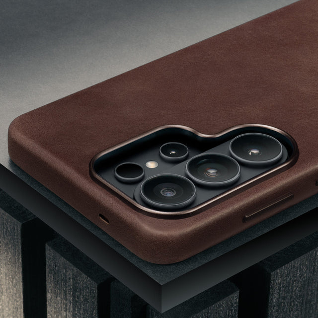 Camera cutout on the Dark Brown Leather Bumper Case for Galaxy S26 Ultra