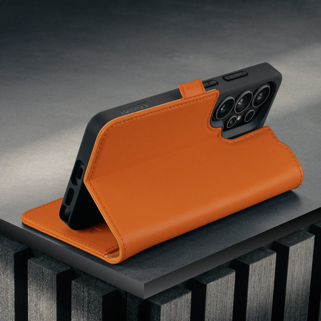 Stand function of the Orange Leather Stand Case for Galaxy S26 Ultra