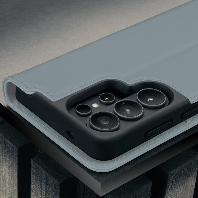 Camwera cutout on the Light Blue Leather Stand Case for Galaxy S26 Ultra