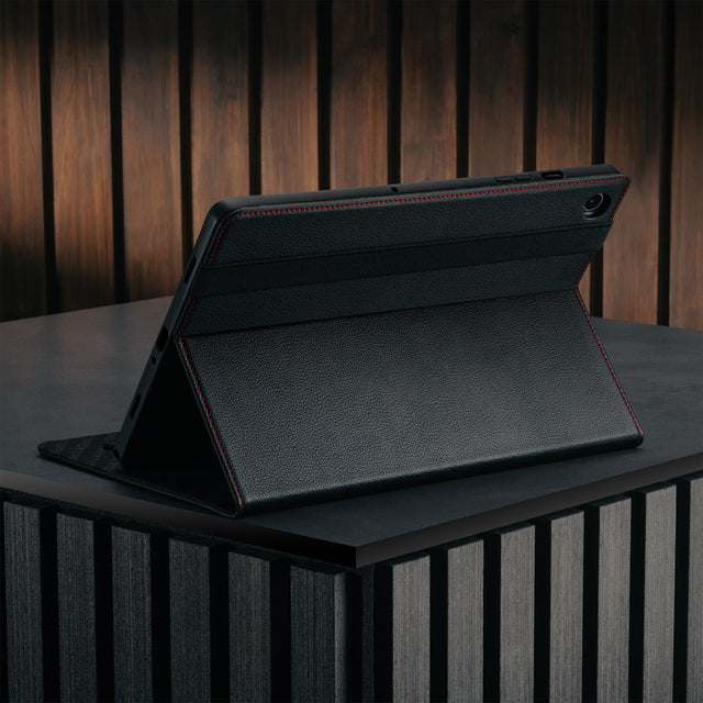 Stand function of the Black with Red Stitching Leather Case for Samsung Galaxy Tab A9 Plus