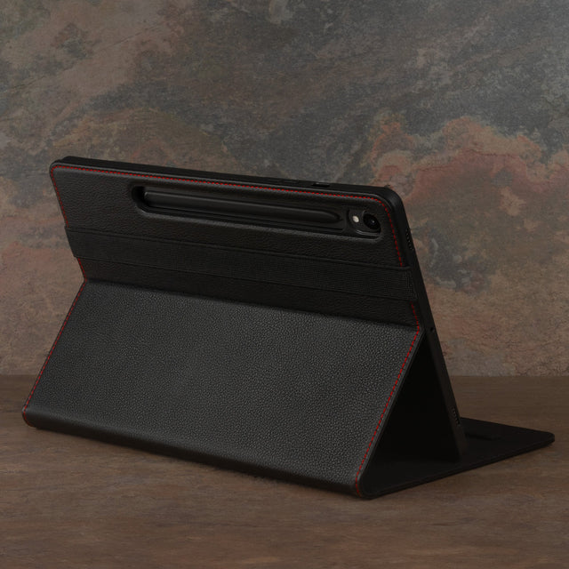 Integrated stand function of the Black with Red Detail Leather Case for Samsung Galaxy Tab S9
