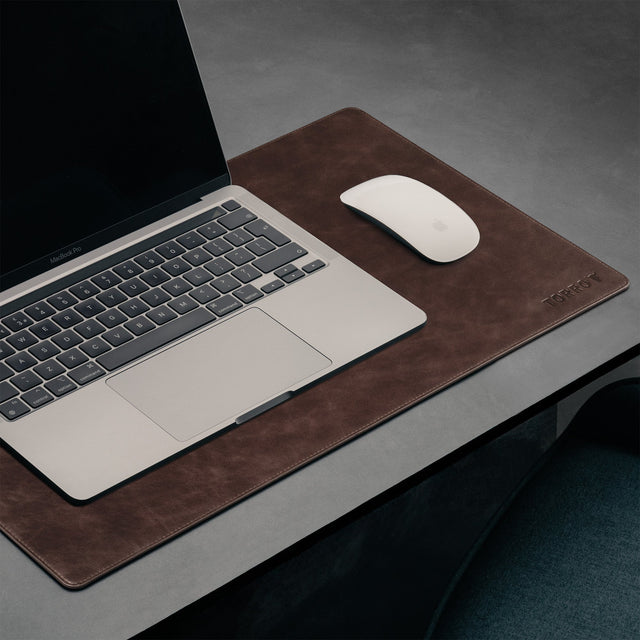 Laptop and mouse on the Small Dark Brown Leather Desk Mat