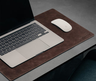 Laptop and mouse on the Small Dark Brown Leather Desk Mat