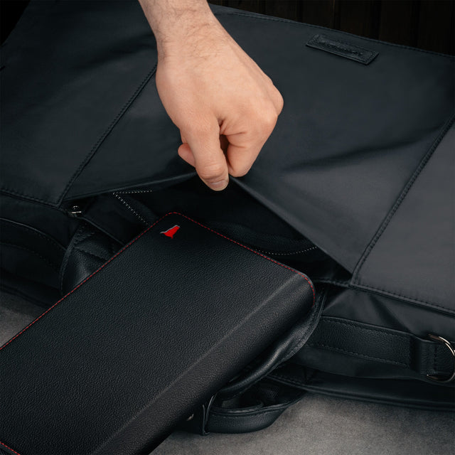 Large exterior pocket on the Black Trifold Canvas Suit Carrier / Garment Bag