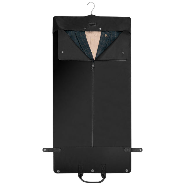 Unfolded view of the Black Trifold Canvas Suit Carrier / Garment Bag