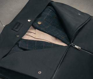 Close up of zipped interior section of the Black Trifold Canvas Suit Carrier / Garment Bag