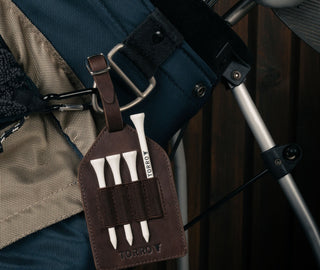 Dark Brown Leather Golf Tee Holder attached to golf bag