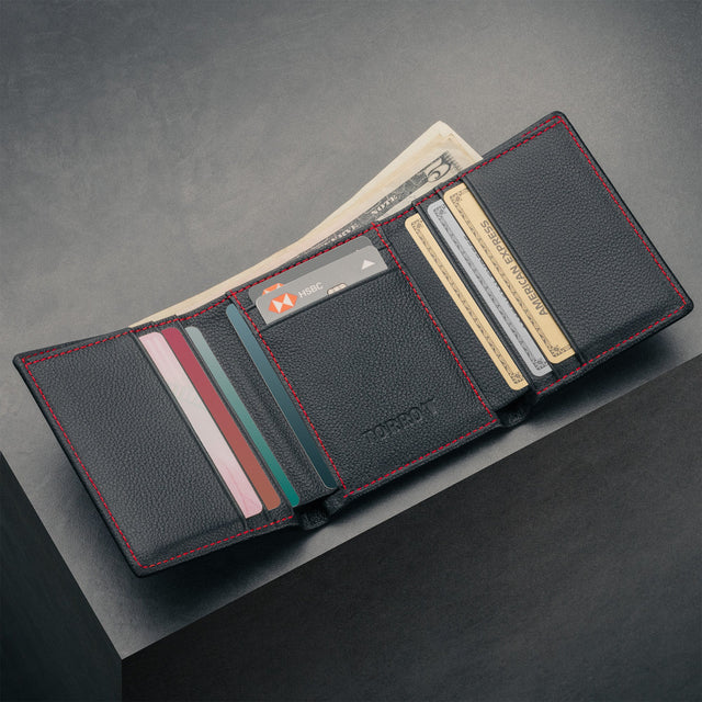 Card slots inside the Black with Red Stitching Trifold Leather Wallet