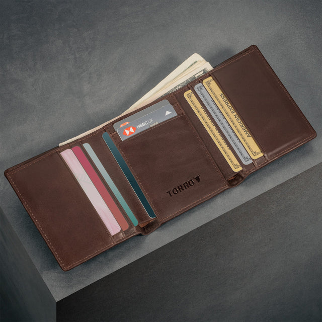 Card slots inside the Dark Brown Trifold Leather Wallet