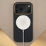 Wireless charger attached to the Black with Metallic Gold Detail Woven Fabric Bumper Case for iPhone 17 Pro Max