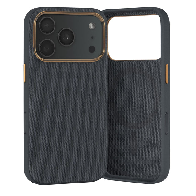 Black with Gold Detail Woven Fabric Bumper Case for iPhone 17 Pro Max