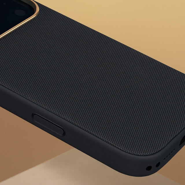 Close up of the Black with Metallic Gold Detail Woven Fabric Bumper Case for iPhone 17 Pro Max
