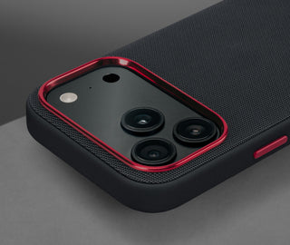 Metallic camera lip on the Black with Red Detail Woven Fabric Bumper Case for iPhone 17 Pro Max