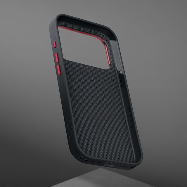 Metallic buttons and inside of the Black with Red Detail Woven Fabric Bumper Case for iPhone 17 Pro Max