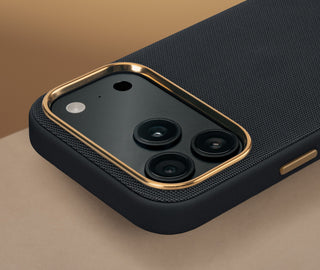 Metallic camera lip on the Black with Gold Detail Woven Texture Bumper Case for iPhone 17 Pro