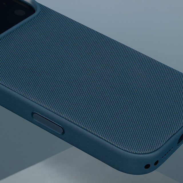 Close up of the Blue Woven Texture Bumper Case for iPhone 17 Pro